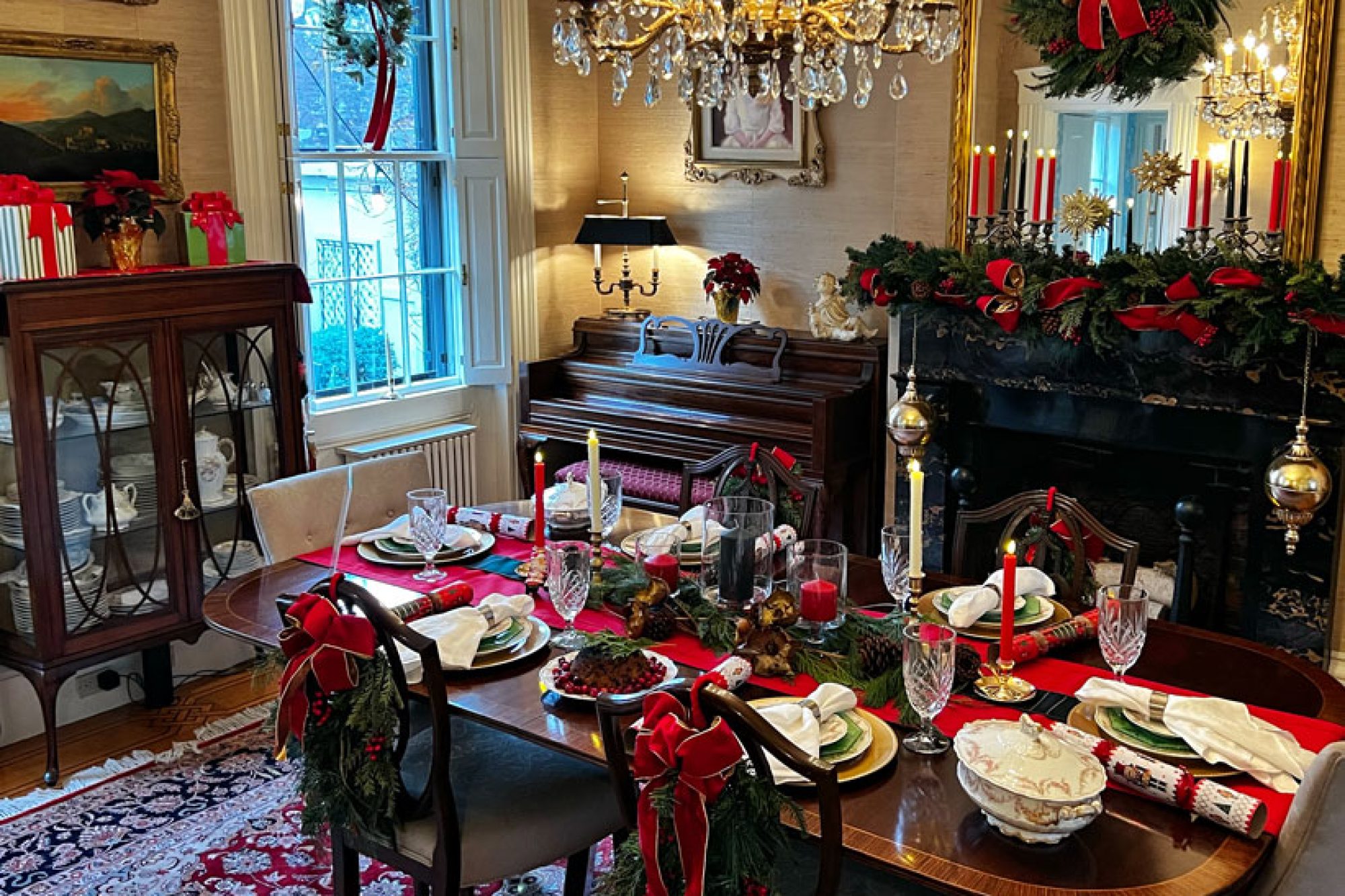 A dining room decorated for Christmas