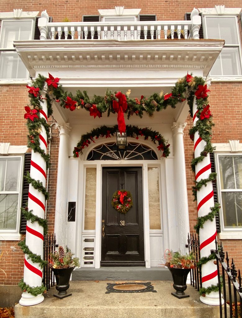 Front entrance of a house decorated for christmas